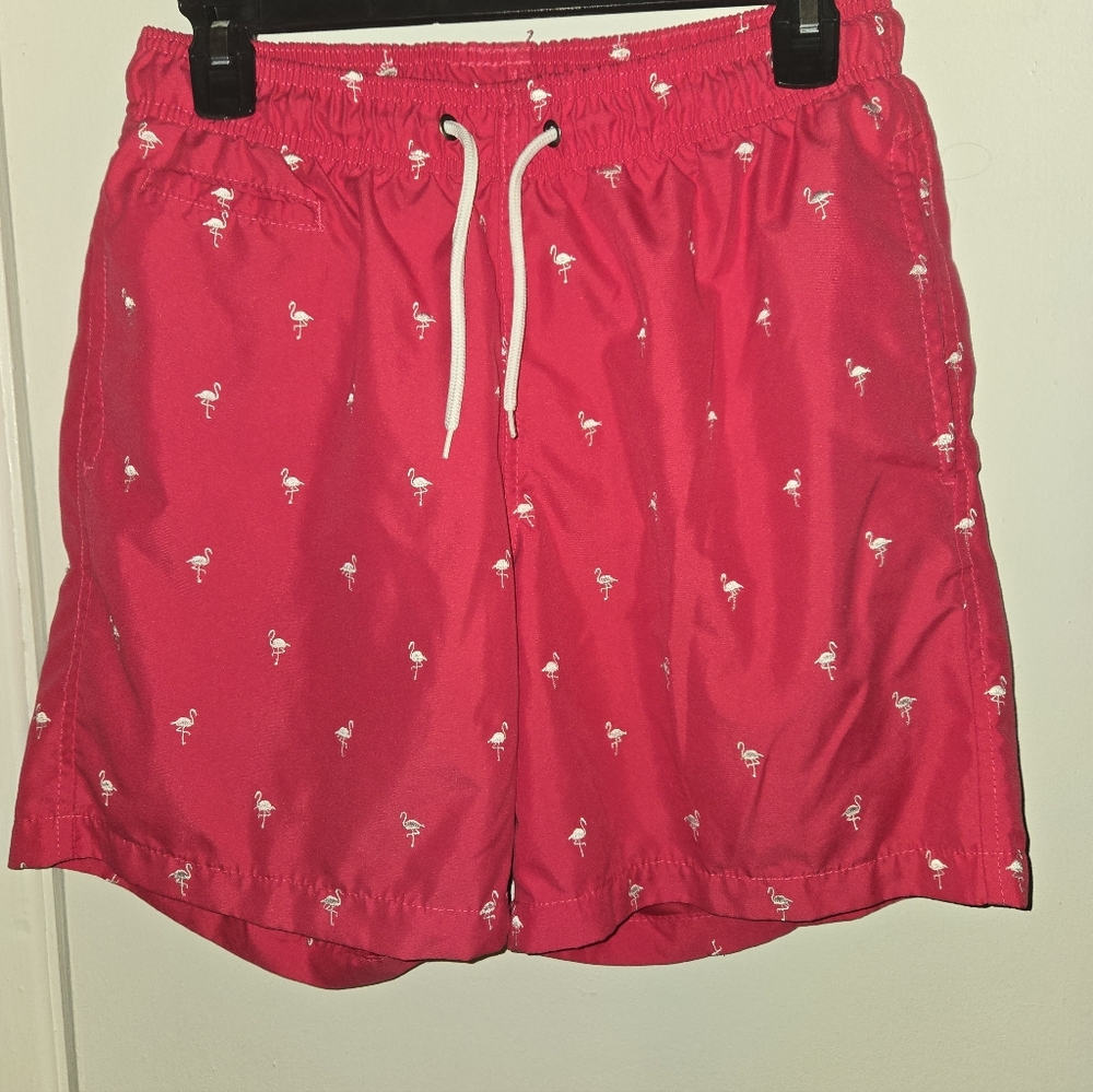 Mens Hot Pink Swim Trunks With White Flamingos